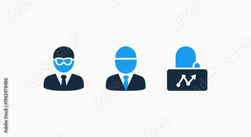 Set of professional people icons for business and industry highlighting technical expertise engineering management and growth performance metrics in blue and gray