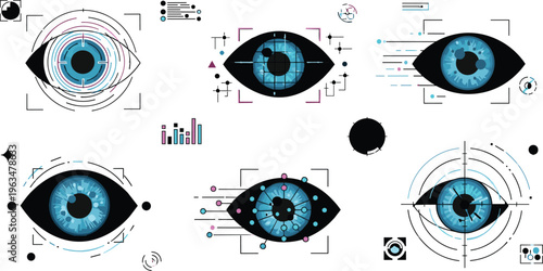 Futuristic digital eye scanning icons set with biometric recognition iris detection cybersecurity interface and technology vision concepts