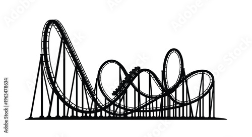 A black roller coaster track with cars depicted in silhouette