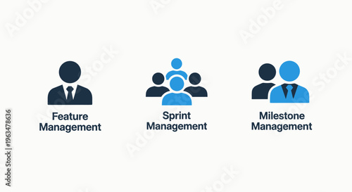 Management icons for feature development, agile sprint planning, and project milestones depicting professional business avatars in a clean blue and black flat vector style for corporate use
