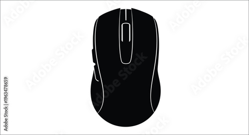 A black computer mouse shown from above a striking silhouette