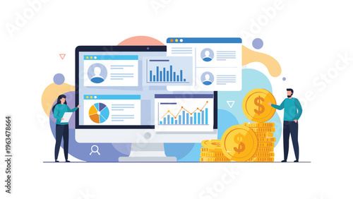 Business data analytics and financial monitoring concept with two professionals analyzing charts and user profiles on a large screen.
