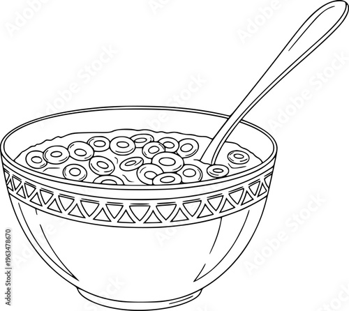 Hand drawn black and white of a bowl of cereal with spoon white background breakfast