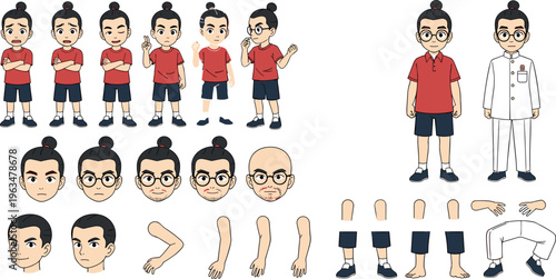 Cartoon Character Set with Various Poses, Expressions, and Outfits for Action, Sport, and Fun Illustrations