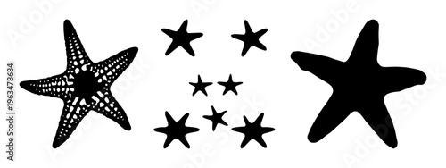 Starfish set with silhouette design featuring marine, beach, tide with black and white outline and minimalist art, graphic illustration and coastal creature