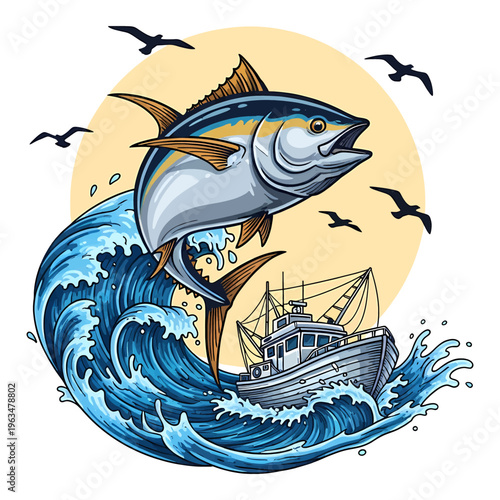 Yellowfin tuna jumping over fishing boat in ocean waves with sunset background vintage vector style