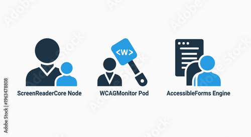 Web accessibility icons for screen reader core nodes and wcag monitoring pods with accessible forms engine symbols for inclusive digital design and online compliance standards