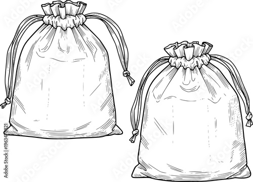 Hand Drawn Black And White Of Drawstring Pouches White Background fabric textile