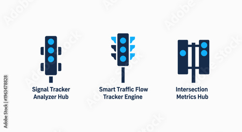 Smart traffic flow tracker and signal analyzer hub icons for urban intersection metrics and intelligent transport management for city infrastructure and road safety automation systems