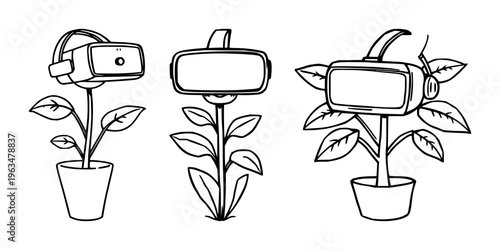 Plant set with doodle style illustration of a plant wearing a VR headset on a thick line drawing with white background featuring plant, VR headset, digital nature with quirky and imaginative