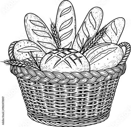 Hand Drawn Black and White of Assorted Bread Loaves in Woven Basket food bakery