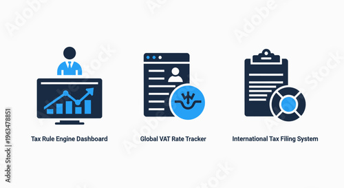 Professional financial and tax management icons depicting a digital dashboard global vat rate tracker and international filing system for corporate accounting and fiscal reporting services
