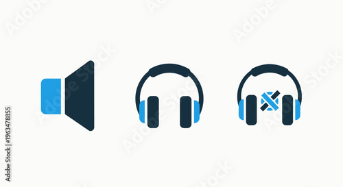 Set of three audio equipment icons featuring a loud speaker sound system stereo headphones and a muted headset symbol for volume control and media player interface design applications
