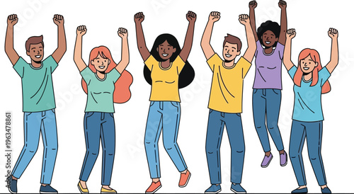 Diverse group of young adults raise their fists in collective celebration.