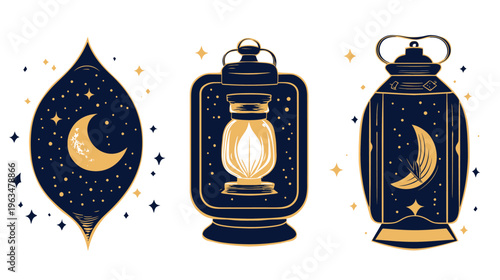 Three stylized lanterns in a dark blue and gold color scheme with celestial and decorative elements