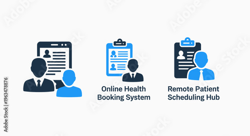 Healthcare technology icons illustrating an online patient booking system medical record management and remote scheduling hub for clinic administration and digital health services