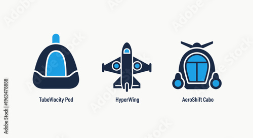 Collection of high technology vehicle icons featuring futuristic transportation pods aerospace shuttle designs and advanced flight modules for modern urban mobility and space travel concepts