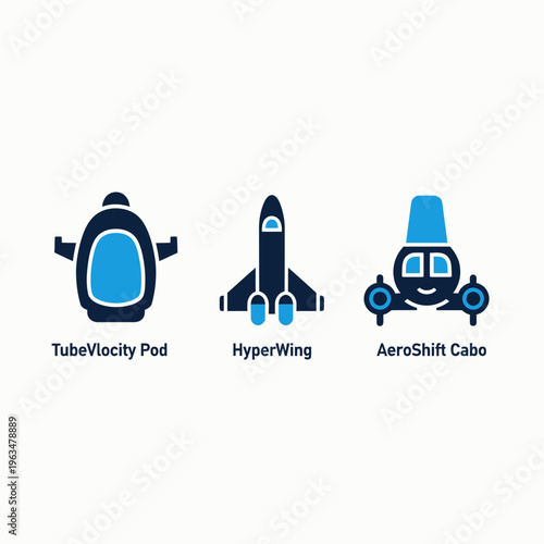 Futuristic transportation icons depicting advanced aerospace vehicles including a high speed travel pod hyper wing spacecraft and aerodynamic shuttle for science fiction concept design