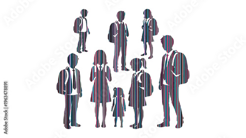 School Group Silhouette: A stylized depiction of a diverse group of students standing together, their forms rendered in a pattern, signifying unity and the shared experience of education.