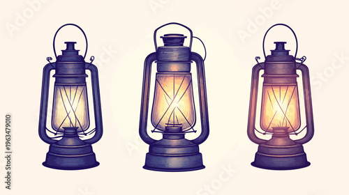 Digitally created illustration showcasing three vintage lanterns with varying light intensities, on a pale background
