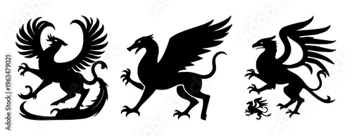 Griffin set with solid black silhouette of a mythical creature featuring mythological, heraldic, medieval style with illustration and vector