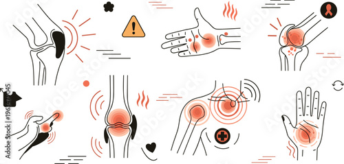 Joint pain inflammation icons set with knee elbow hand shoulder arthritis injury symptoms and medical health problem illustration