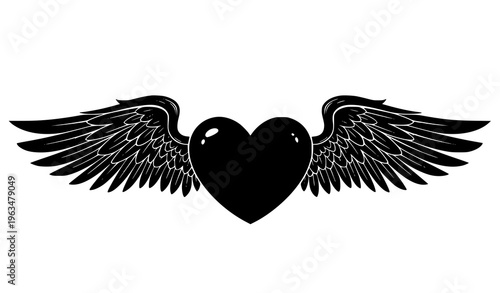 Bold red heart vector with tribal black wings and halo in modern graphic design