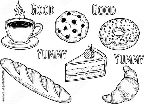 Hand Drawn Delicious Baked Goods and Coffee Cup with Text food pastry