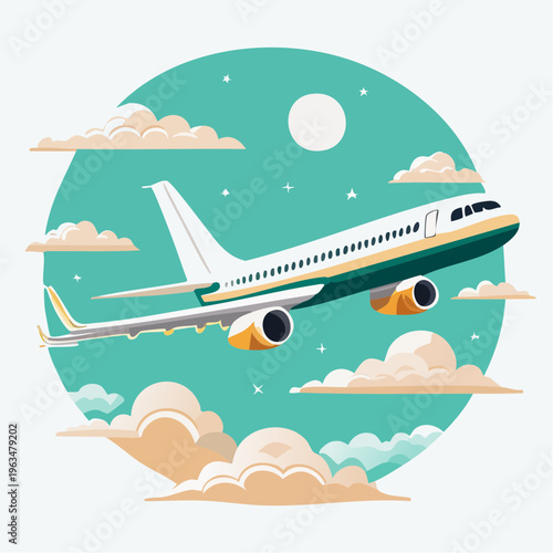 Avion de ligne en vol dans un ciel nuageux – illustration moderne du transport aérien, été