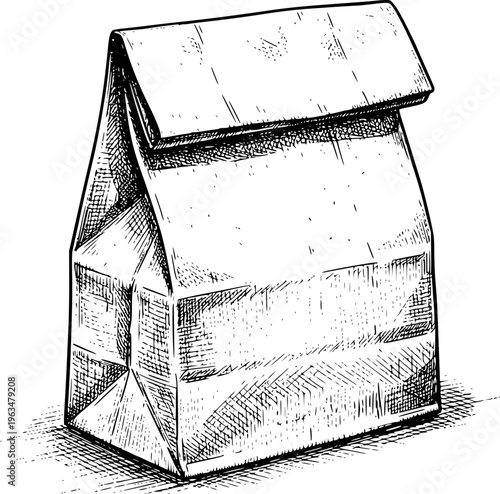 Hand drawn of a brown paper lunch bag with folded a white background