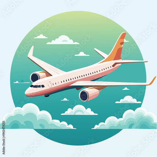 Avion de ligne en vol dans un ciel nuageux – illustration moderne du transport aérien, été