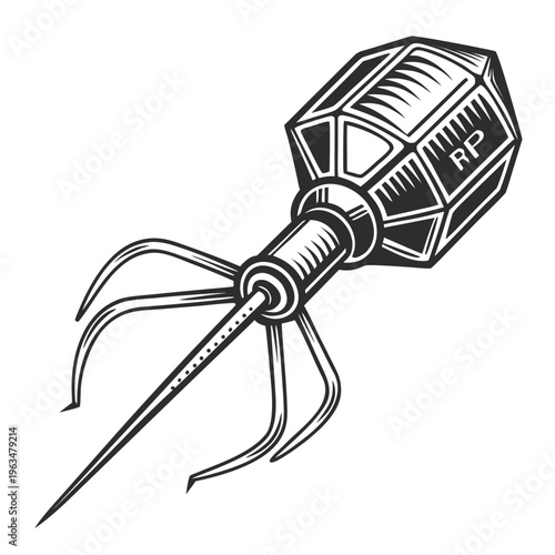 Viral bacteriophage, phage virus, microbiology icon, black and white vector