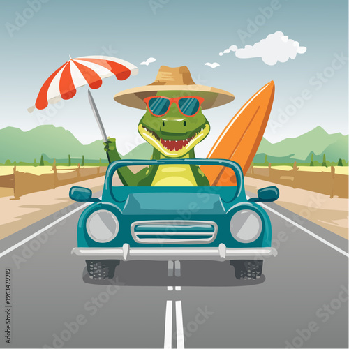 Alligator en voiture décapotable avec surf et parasol sur route estivale, vacances, humour.