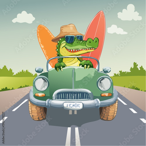 Crocodile en voiture décapotable avec surf – illustration fun et estivale