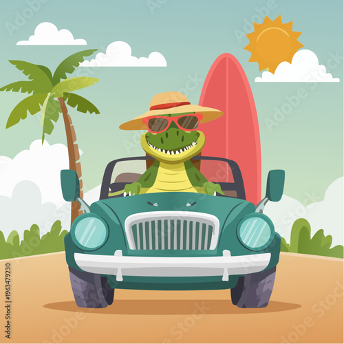 Crocodile en voiture décapotable avec surf – illustration fun et estivale