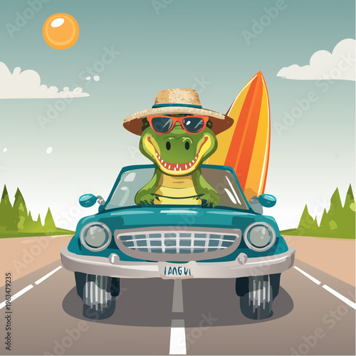 Crocodile en voiture décapotable avec surf – illustration fun et estivale