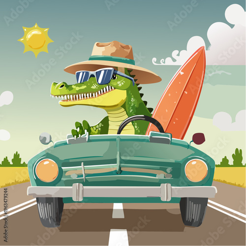 Crocodile en voiture décapotable avec surf – illustration fun et estivale