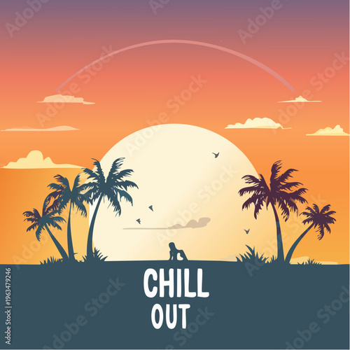 Affiche “Chill Out” sur plage tropicale – Illustration coucher de soleil relaxante