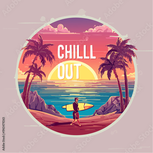 Surfeur au coucher de soleil sur plage tropicale avec palmiers – texte 'Chill Out'