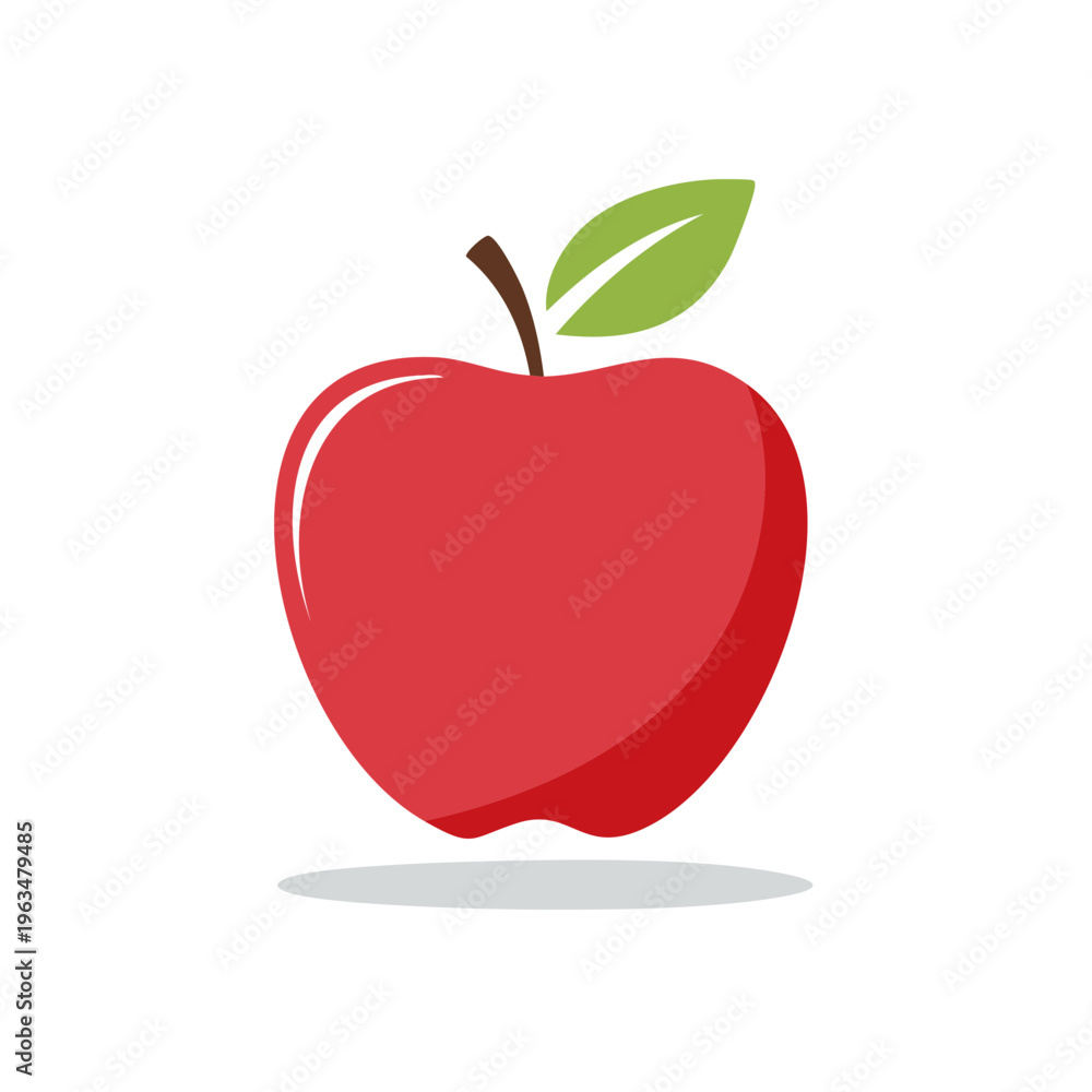 Fototapeta premium Bright Red Apple with Green Leaf and Shadow Simple Flat Illustration