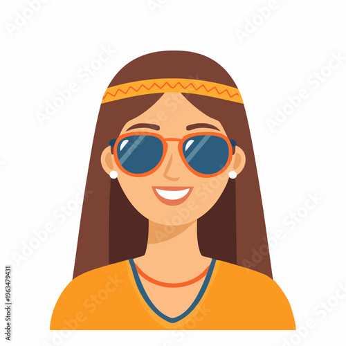 Portrait femme hippie cool ,avec lunettes rondes bleues, bandeau dans les cheveux, isolée sur fond blanc