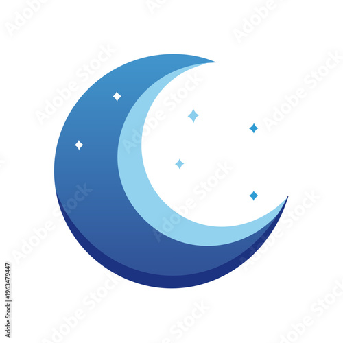 Stylized blue crescent moon and stars against a white background, representing night and dreams