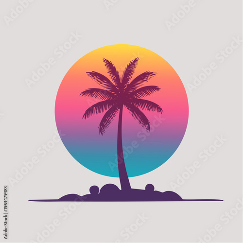 Coucher de soleil tropical rétro avec palmier