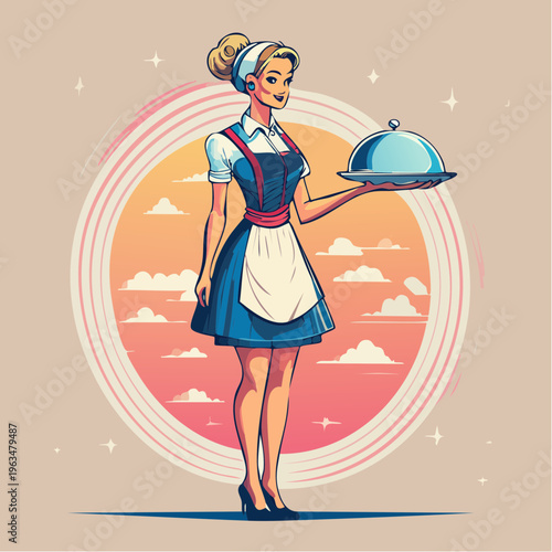 Serveuse rétro avec plateau – illustration vintage colorée