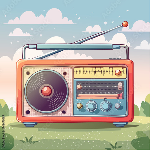 Radio vintage portable en plein air – illustration rétro colorée dans un paysage naturel