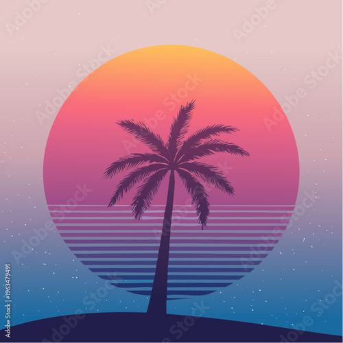 Coucher de soleil tropical rétro avec palmier