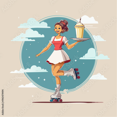 Serveuse rétro en rollers portant un milkshake – illustration style diner américain années 50