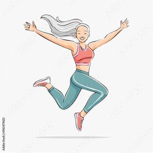 Jeune femme sautant de joie en tenue sportive blanche