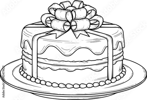 Hand Drawn of a Layered Cake with Ribbon and Bow a White Background food dessert