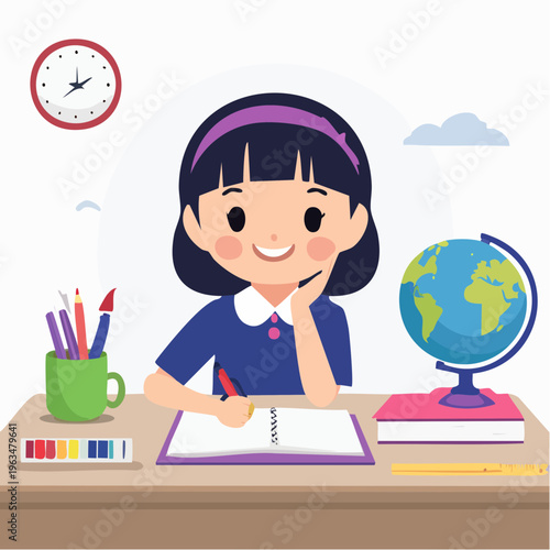 Enfant étudiant à son bureau en illustration éducative